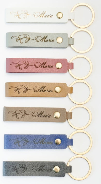 Zodiac flowers leather keychain personalized