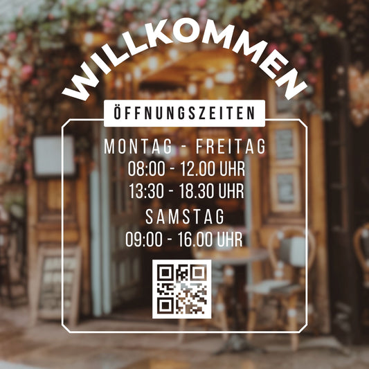 Öffnungszeiten Shop mit QR selbstklebender Vinyl-Aufkleber - Aufkleber für Fenster / Tür