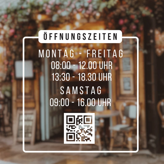 Öffnungszeiten Shop mit QR selbstklebender Vinyl-Aufkleber - Aufkleber für Fenster / Tür